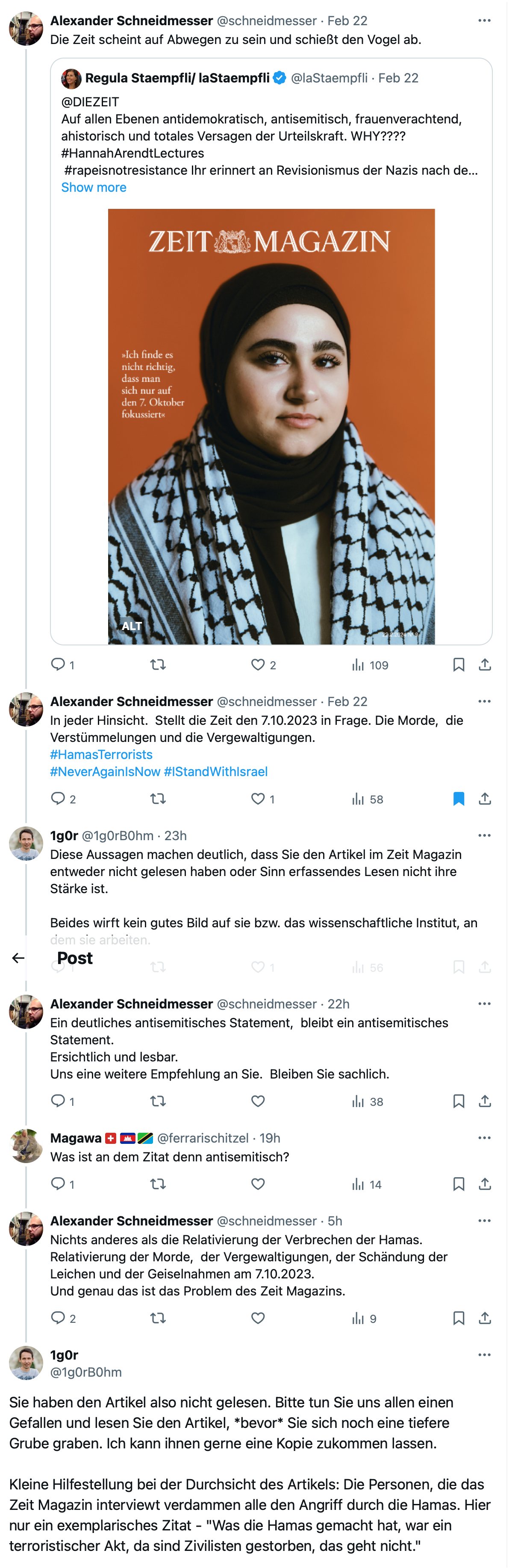 Twitter/X-thread als Beispiel für die künstliche Hysterie über Antisemitismus